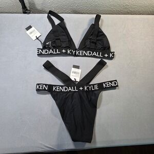 Kendall + Kylie Black Logo Triangle Bikini Set High Cut Strappy KKSA-10227 New